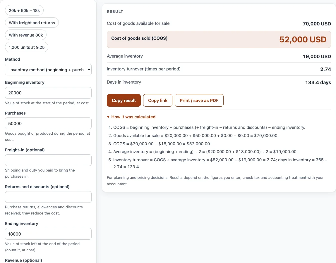 Cogs cost of goods example