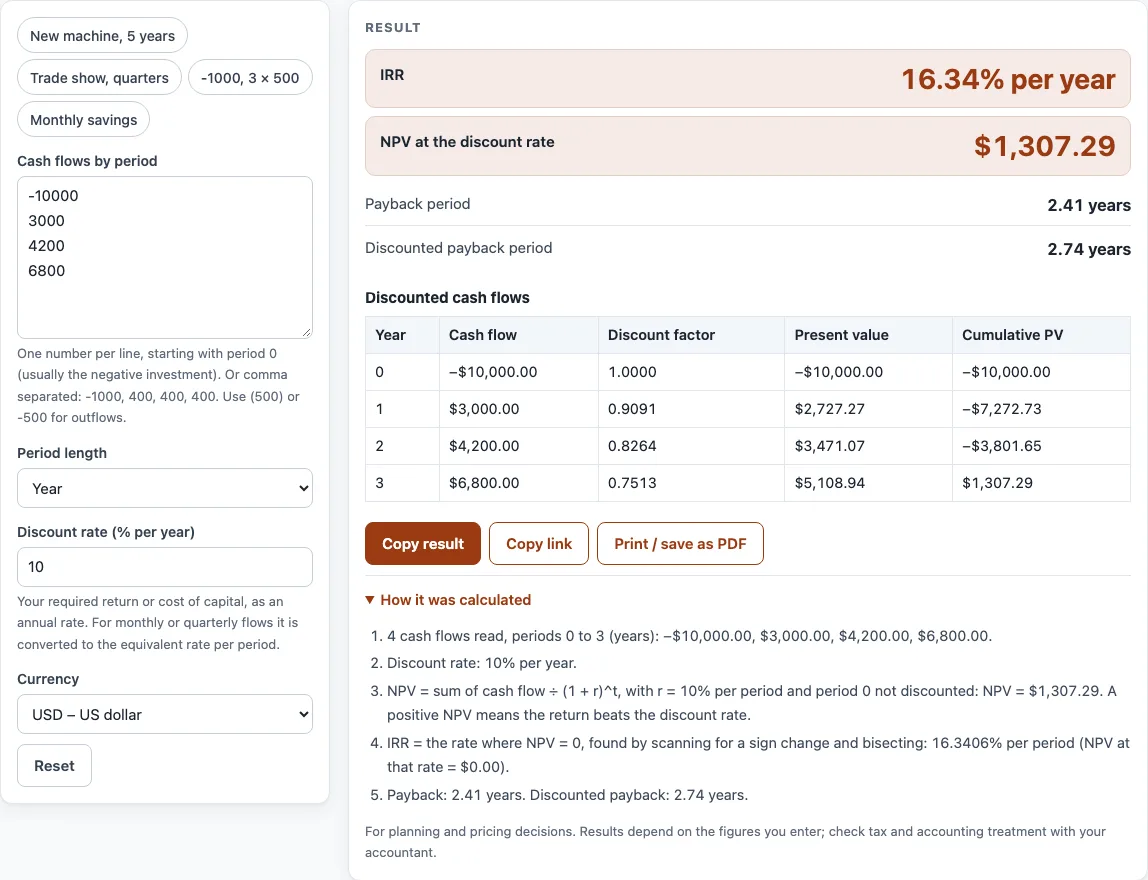 Calculator for internal rate of return example