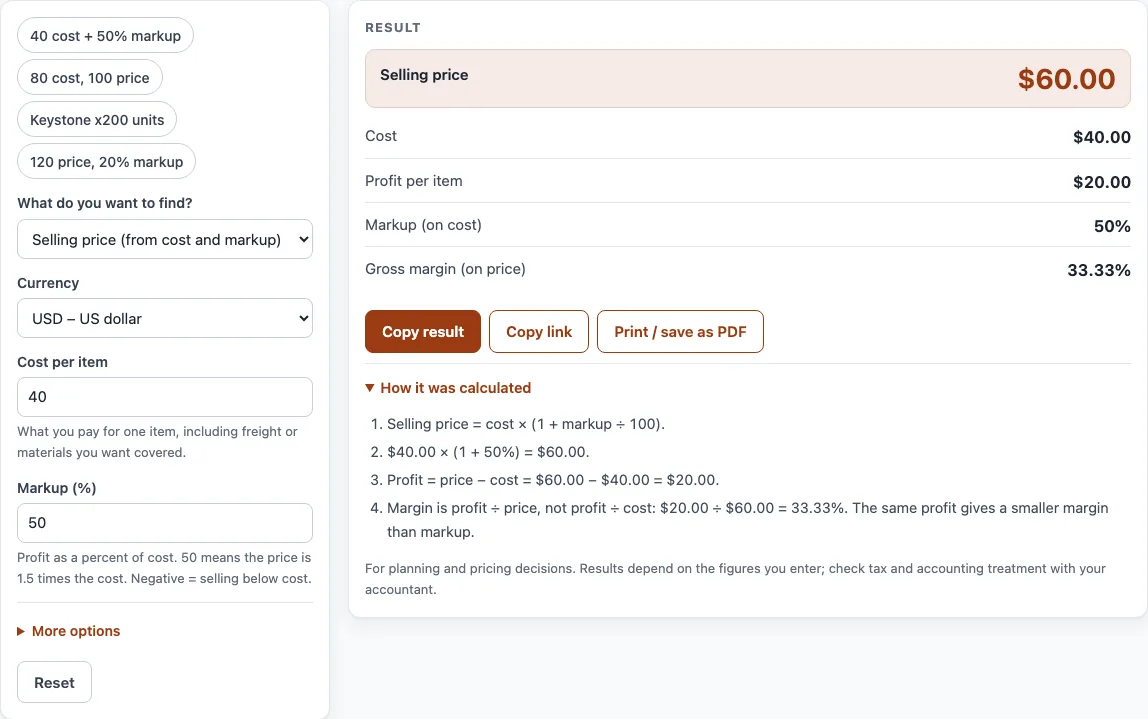 Markup calculator example