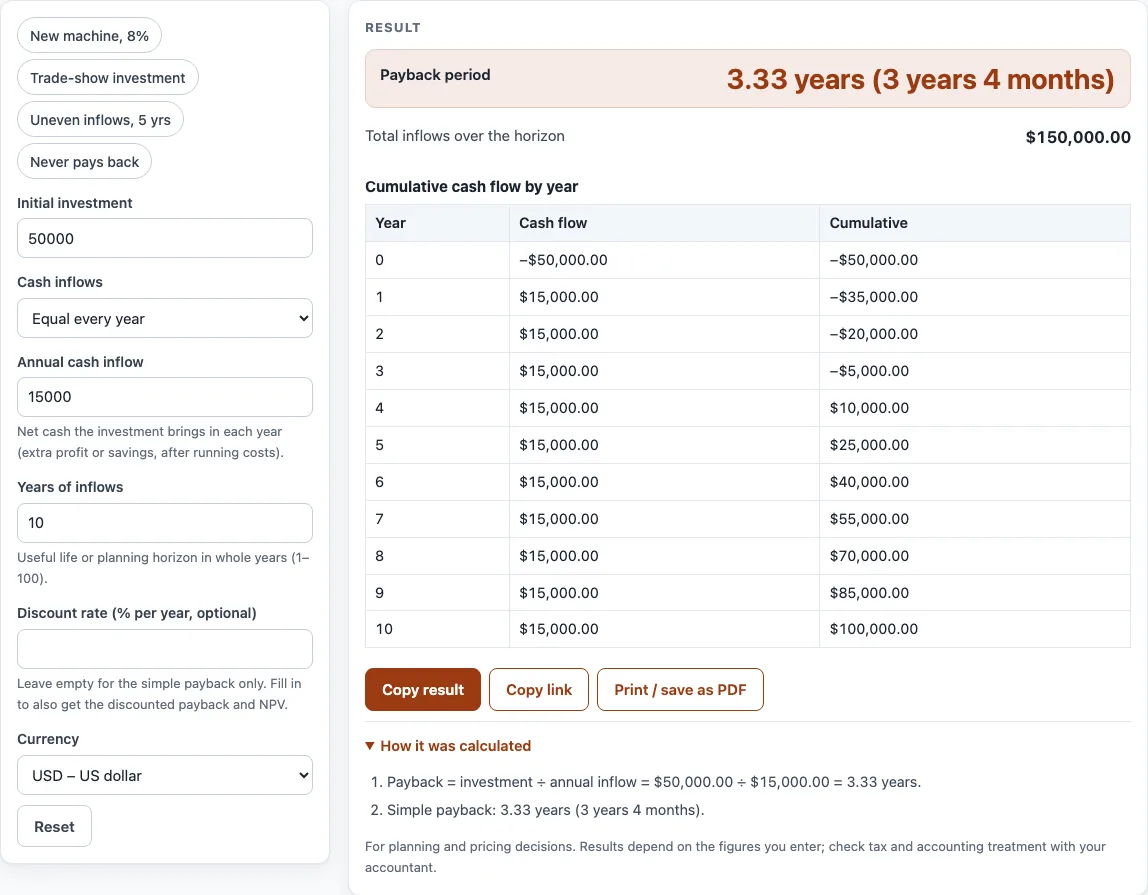 Payback period calculator example
