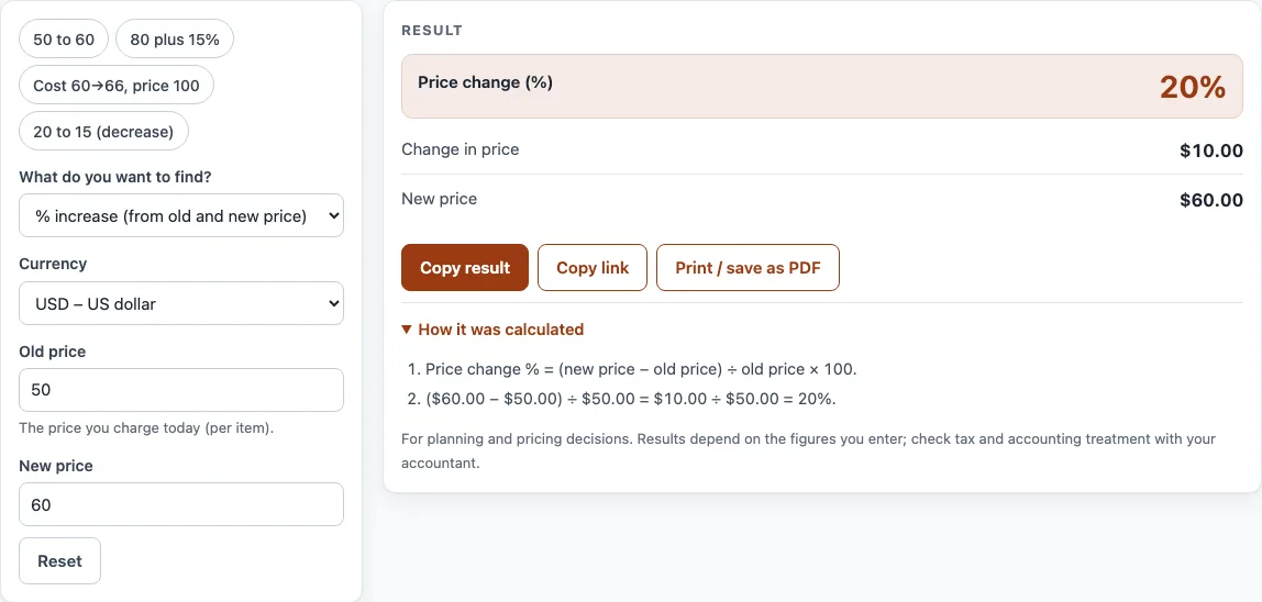 Cost increase calculator example