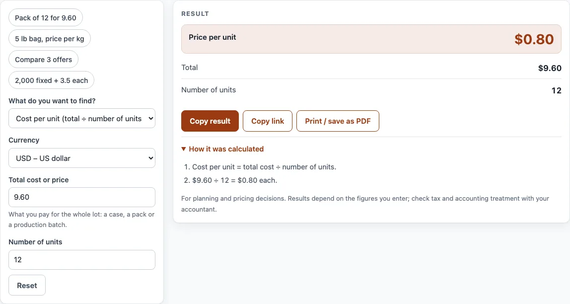 Cost per unit calculator example