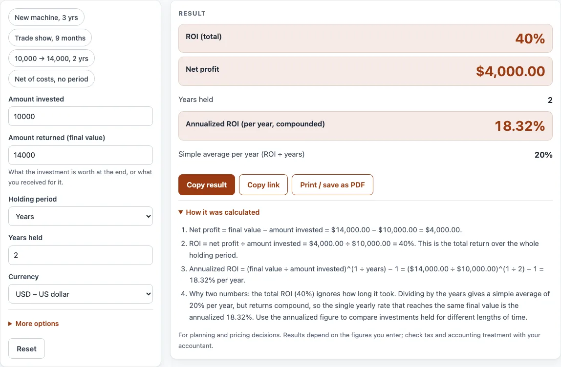 Roi calculator example