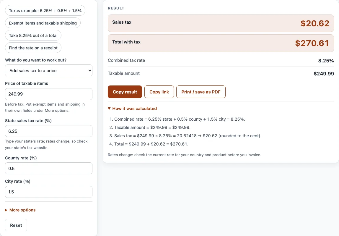 Sales tax calculator example