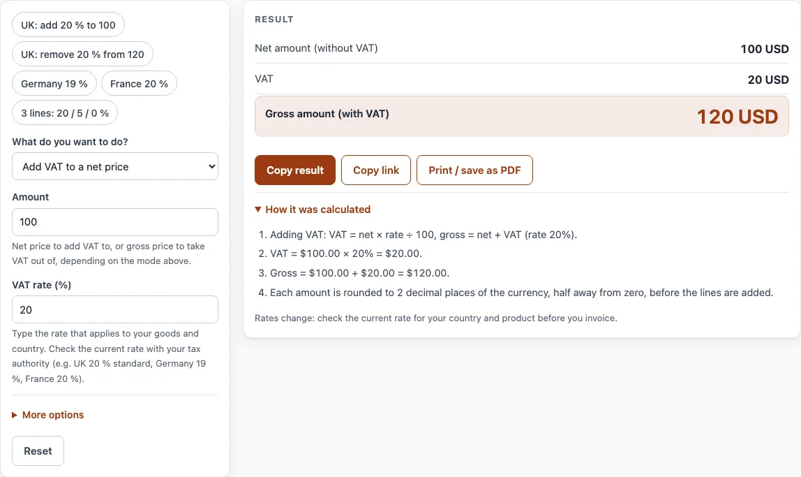 Vat calculator example